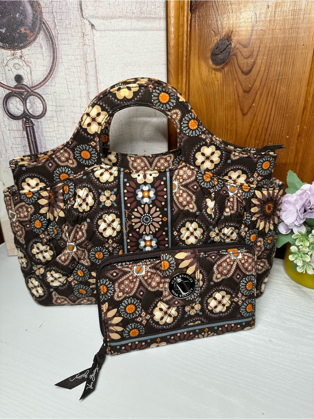 Vera Bradley Brown Floral Quilted Tote with Orange Accents and Matching Wallet
